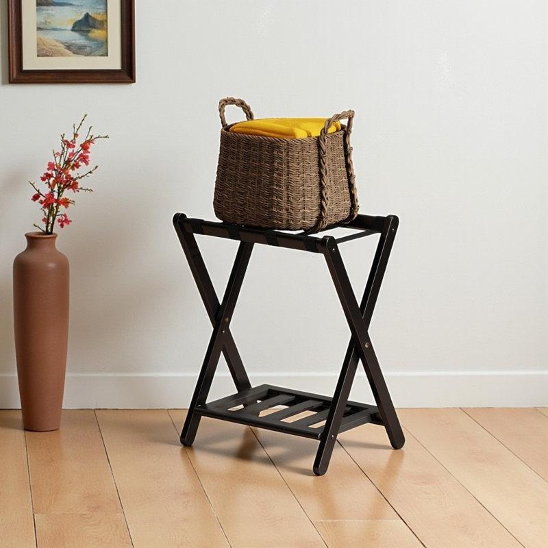 Siyah Masif Ahşap Raflı Katlanabilir Valiz Sehpası - 63x51x36 cm - 186903