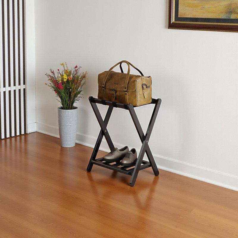 Siyah Masif Ahşap Raflı Katlanabilir Valiz Sehpası - 63x51x36 cm - 186903