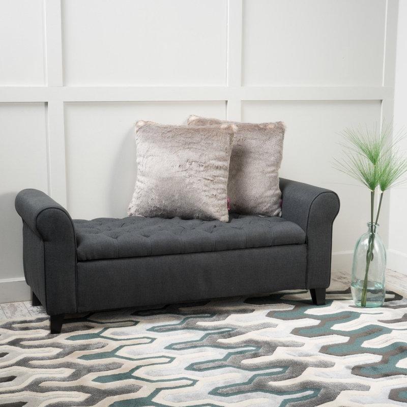 Siyah Masif Ahşap Sandıklı Kapitoneli Kıvrık Kollu Bench - 127x50x53 cm - 164233