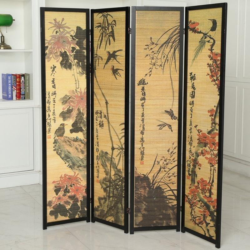 Siyah Masif Ahşap ve Bambu Katlanır 4 Panelli Paravan - 176x173 cm - 184684