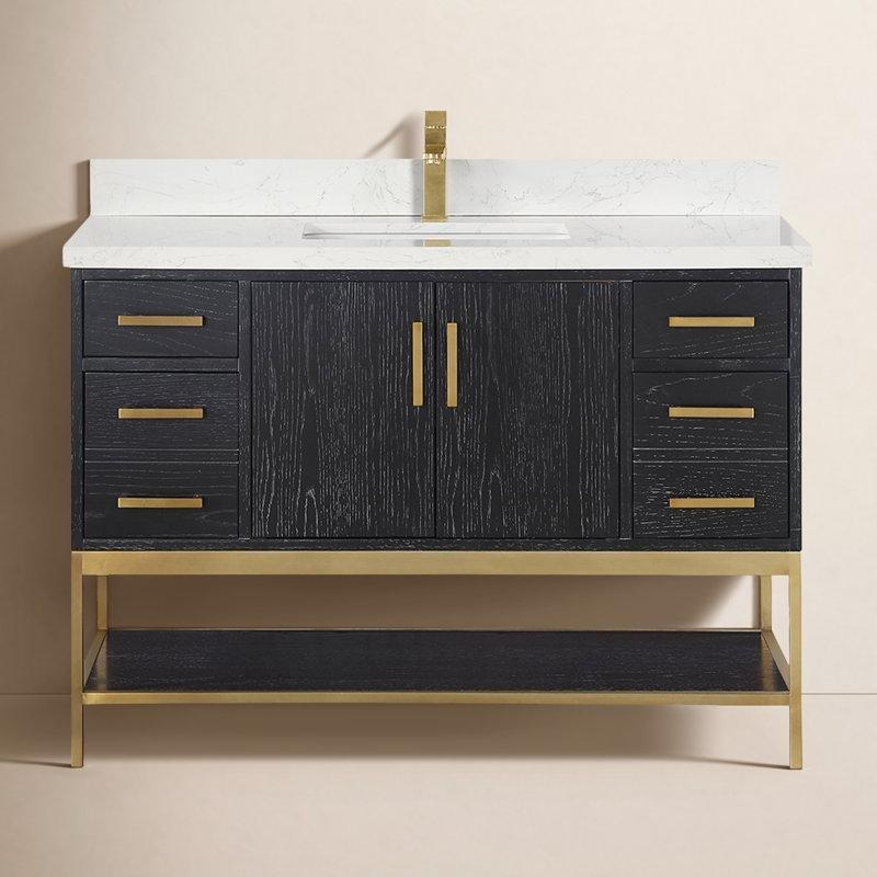 Siyah Masif Ahşap ve Kültür Mermeri Tezgahlı Ayaklı Çekmeceli Banyo Lavabo Dolabı - 122 cm - 198955