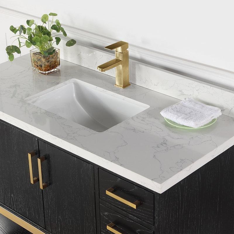 Siyah Masif Ahşap ve Kültür Mermeri Tezgahlı Ayaklı Çekmeceli Banyo Lavabo Dolabı - 122 cm - 198955