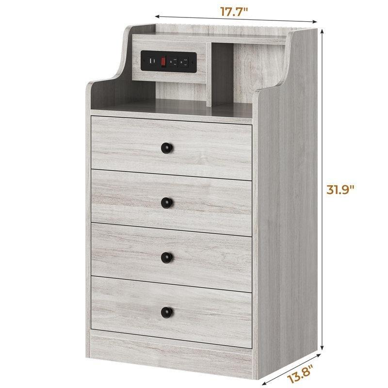 Siyah Masif Ahşap ve MDF Prizli USB Şarj İstasyonlu 4 Çekmeceli Komodin - 45x36 cm - 224311