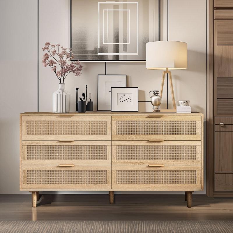 Siyah Masif Ahşap ve Rattan 6 Çekmeceli Bohem Şifonyer - 151 cm - 181910