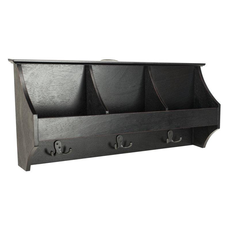 Siyah Masif Çam Ahşap 3 Bölmeli Askılı Duvar Rafı - 72 cm - 179207