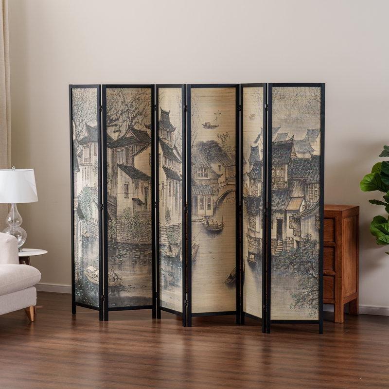 Siyah Masif Çam Ahşap ve Bambu 6 Panelli Katlanır Manzara Baskılı Paravan - 241x176 cm - 184652