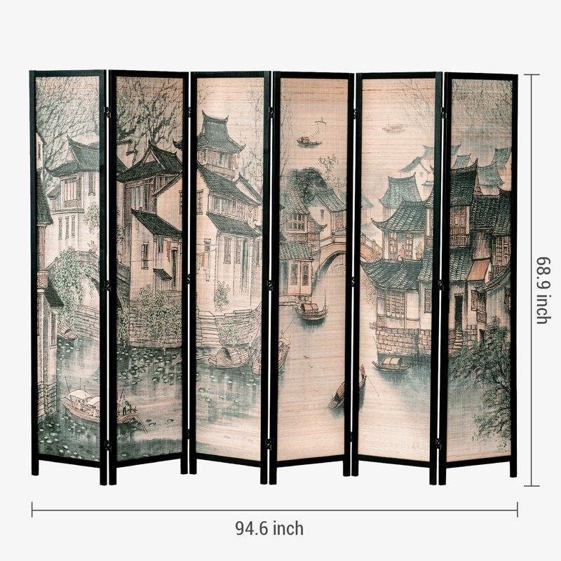 Siyah Masif Çam Ahşap ve Bambu 6 Panelli Katlanır Manzara Baskılı Paravan - 241x176 cm - 184652