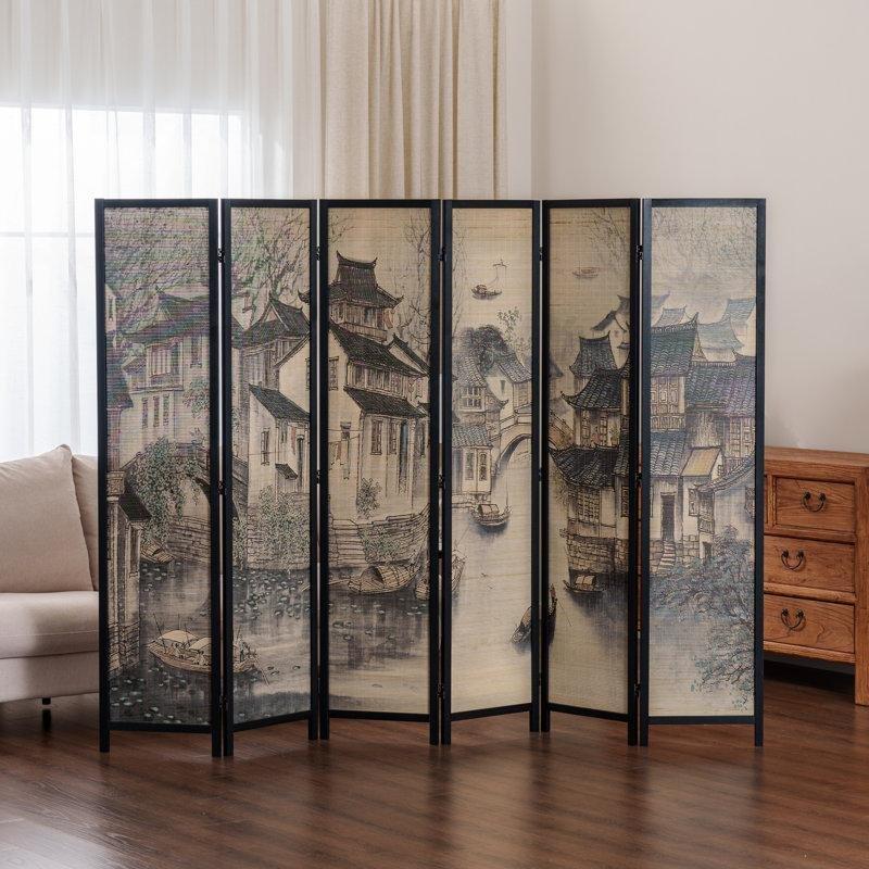 Siyah Masif Çam Ahşap ve Bambu 6 Panelli Katlanır Manzara Baskılı Paravan - 241x176 cm - 184652