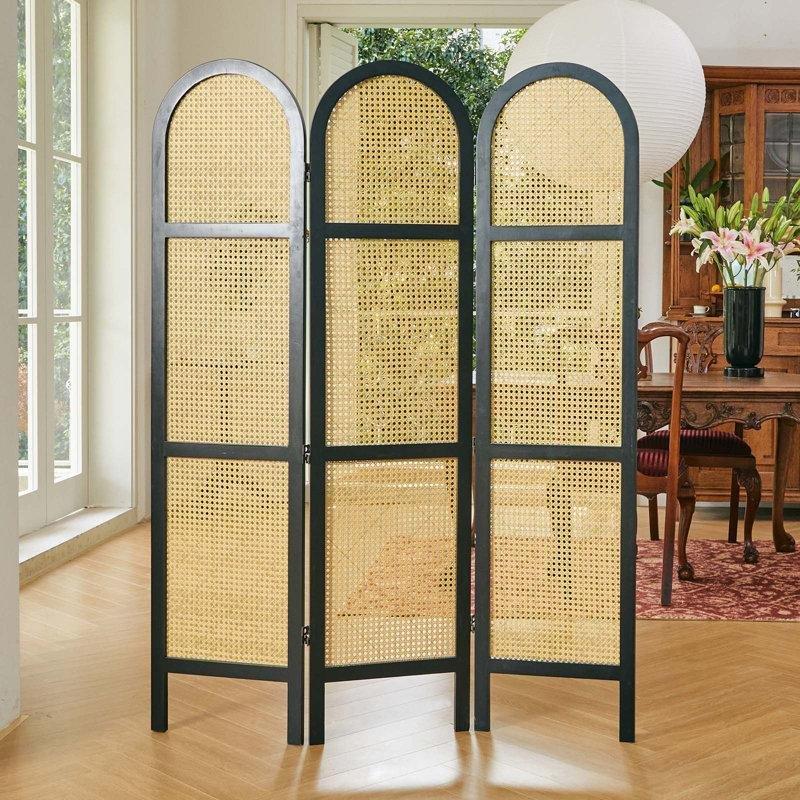 Siyah Masif Çam Ahşap ve El Örgüsü Rattan Katlanabilir Ayaklı Paravan - 171x120 cm - 184673