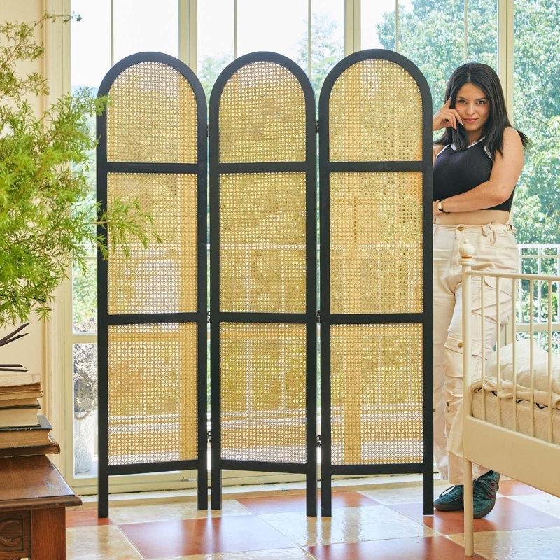 Siyah Masif Çam Ahşap ve El Örgüsü Rattan Katlanabilir Ayaklı Paravan - 171x120 cm - 184673