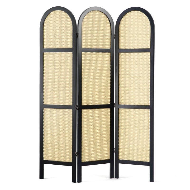 Siyah Masif Çam Ahşap ve El Örgüsü Rattan Katlanabilir Ayaklı Paravan - 171x120 cm - 184673