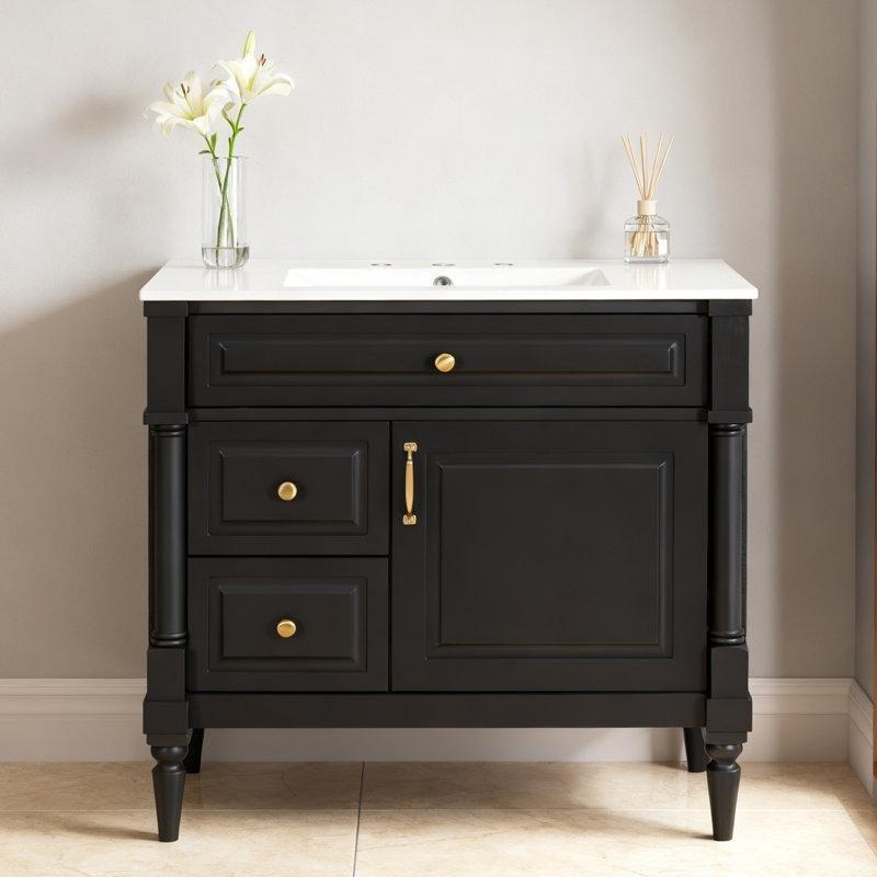 Siyah Masif Kauçuk Ağacı Çekmeceli Seramik Lavabolu Banyo Dolabı - 92 cm - 198670