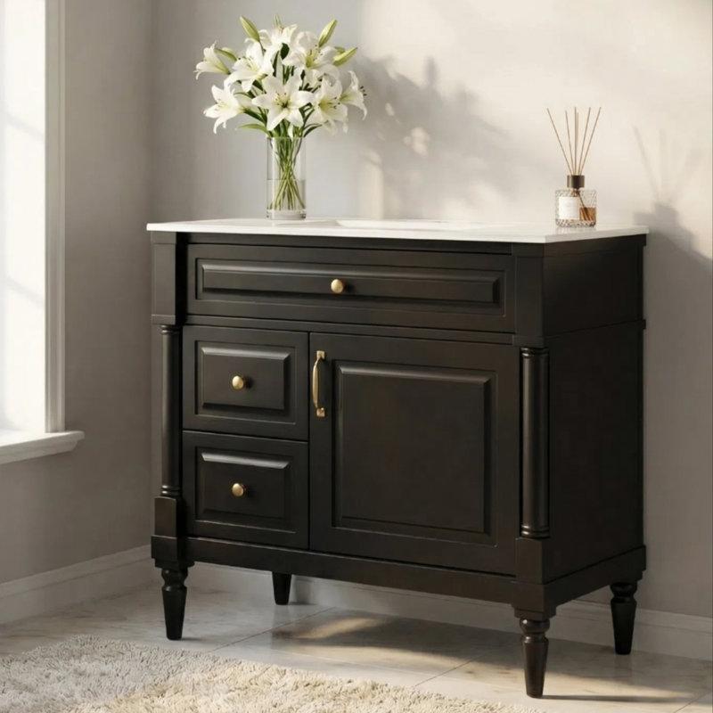 Siyah Masif Kauçuk Ağacı Çekmeceli Seramik Lavabolu Banyo Dolabı - 92 cm - 198670