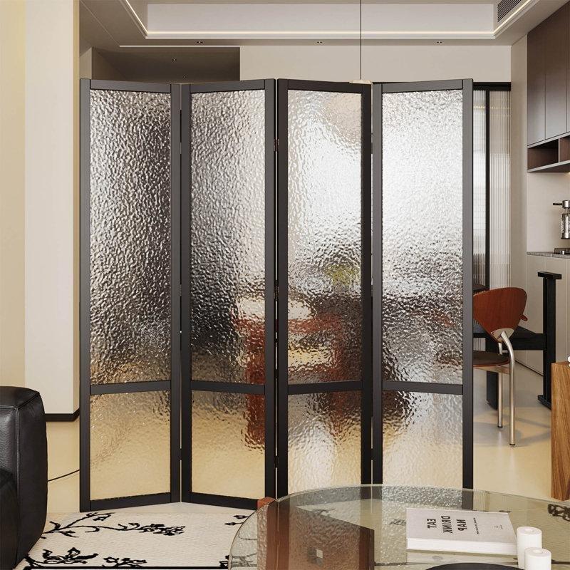 Siyah Masif Pavlonya Ağacı Çerçeveli Buzlu Akrilik 4 Panelli Katlanabilir Paravan - 170x160 cm - 184878