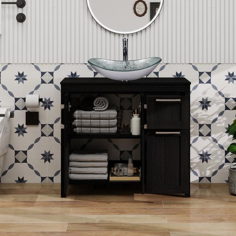 Siyah Masif ve Endüstriyel Ahşap Ayaklı Çekmeceli Cam Lavabolu Banyo Lavabo Dolabı - 91 cm - 202047