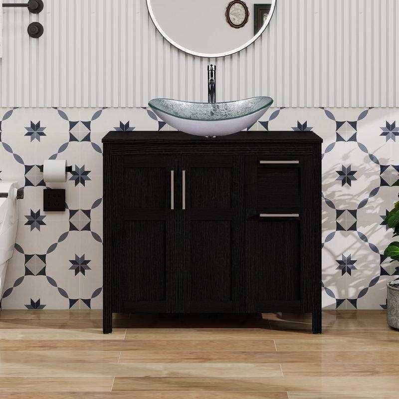 Siyah Masif ve Endüstriyel Ahşap Ayaklı Çekmeceli Cam Lavabolu Banyo Lavabo Dolabı - 91 cm - 202047