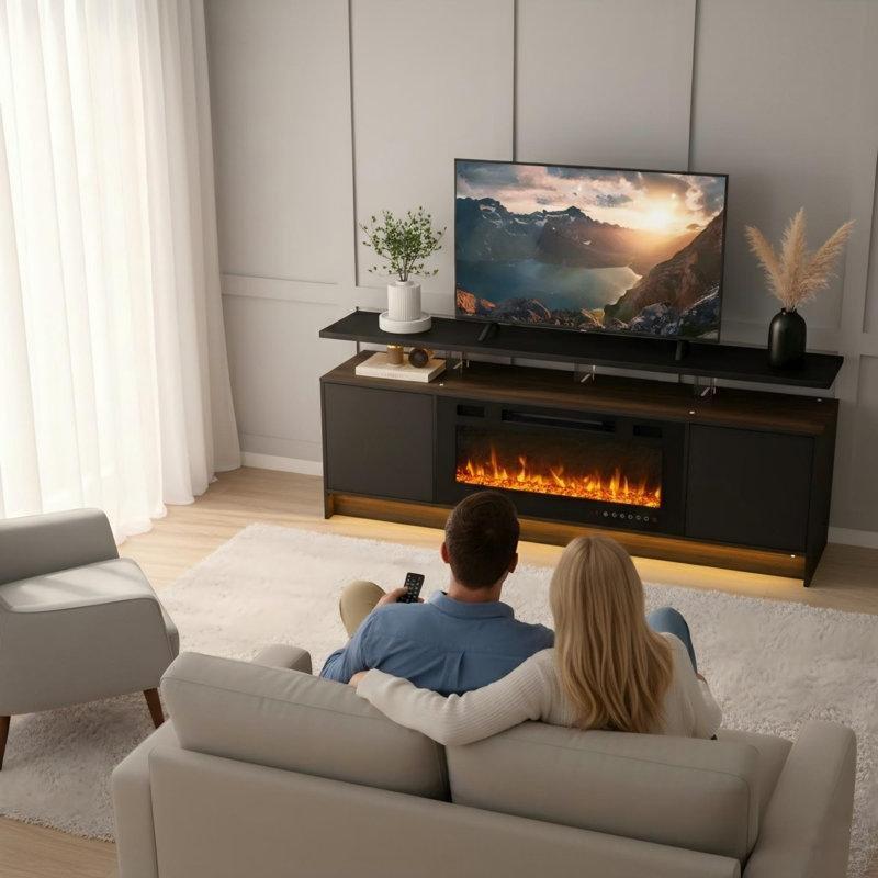 Siyah Masif ve Endüstriyel Ahşap Elektrikli Şömineli LED Aydınlatmalı TV Ünitesi - 178 cm - 221347
