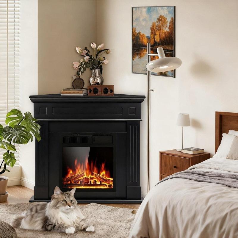 Siyah Masif ve Endüstriyel Ahşap Köşe Uyumlu Uzaktan Kumandalı Elektrikli Şömine - 110 cm - 183993