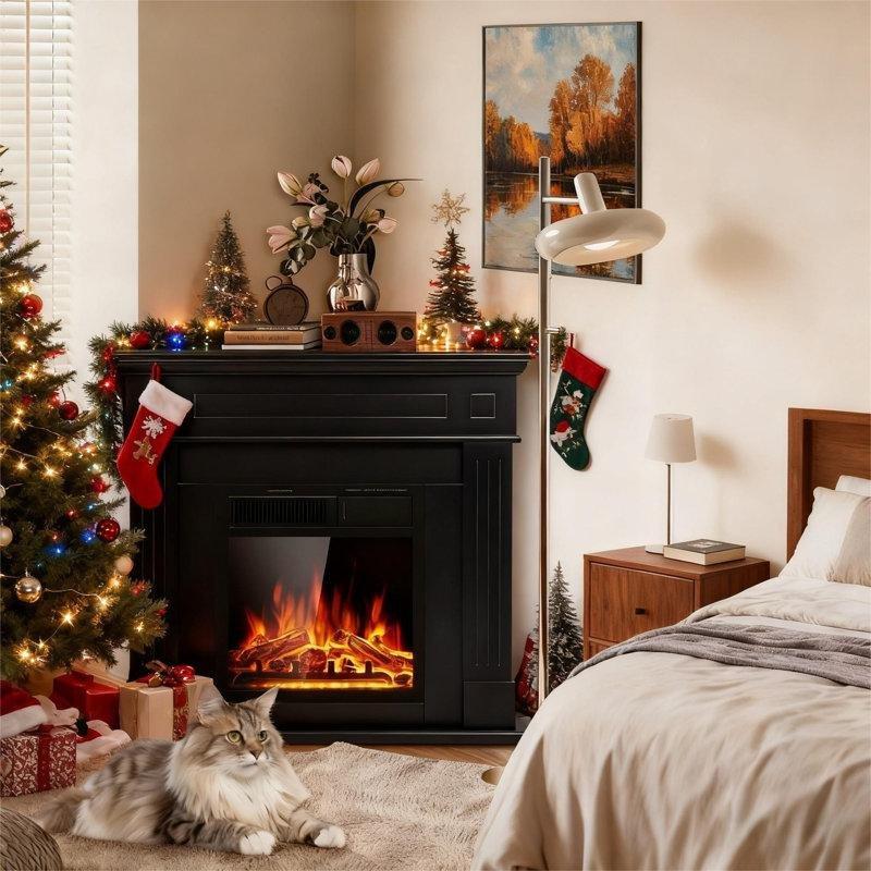 Siyah Masif ve Endüstriyel Ahşap Köşe Uyumlu Uzaktan Kumandalı Elektrikli Şömine - 110 cm - 183993