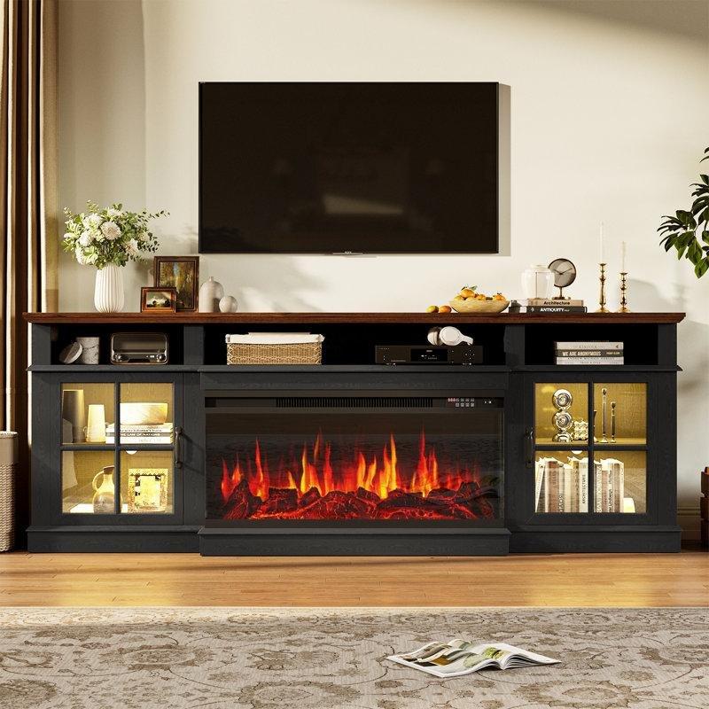 Siyah MDF 12 Renkli LED Işıklı Uzaktan Kumandalı Şömineli TV Ünitesi - 204 cm - 220279