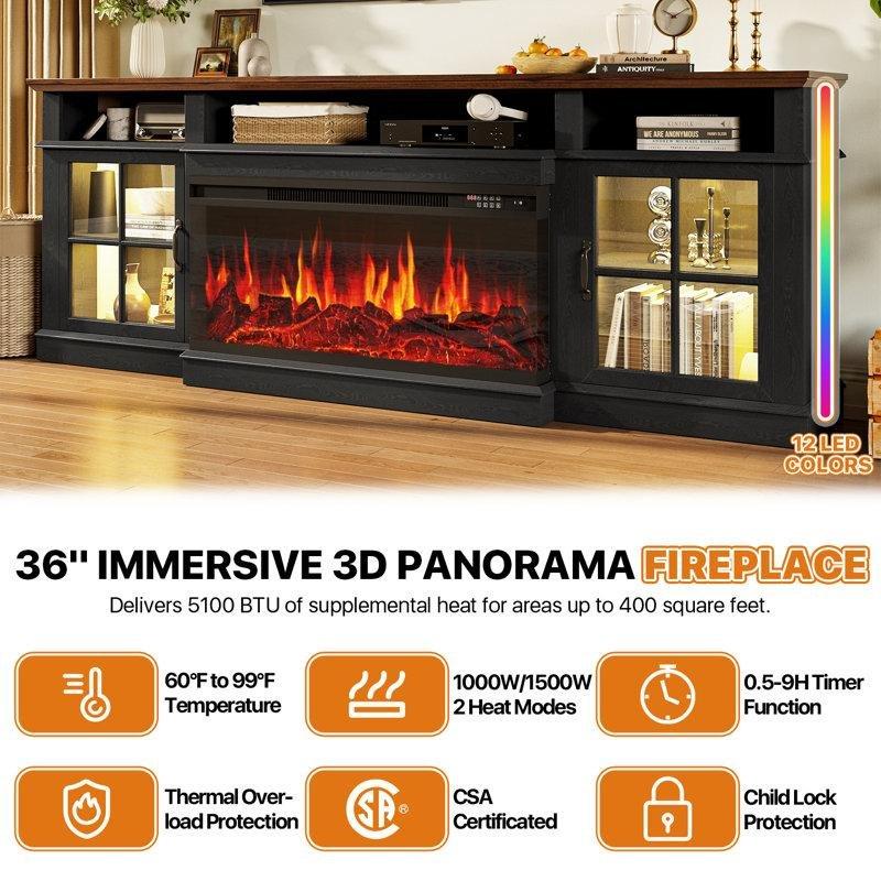 Siyah MDF 12 Renkli LED Işıklı Uzaktan Kumandalı Şömineli TV Ünitesi - 204 cm - 220279