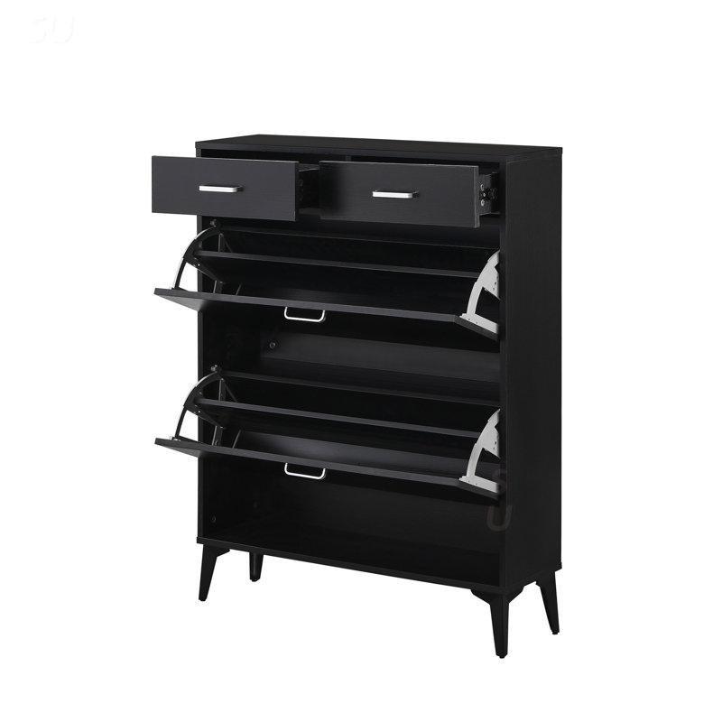 Siyah MDF 2 Çekmeceli 2 Düşer Kapaklı Ayakkabılık - 80x25x107 cm - 227415