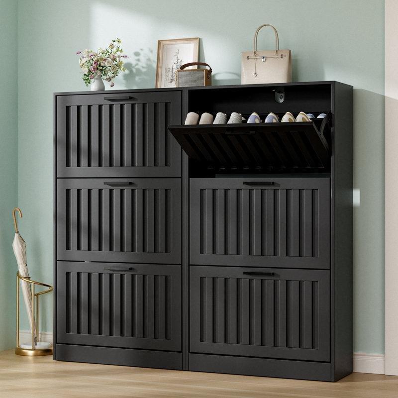 Siyah MDF 3 Düşer Kapaklı Yivli Tasarım Dar Ayakkabılık - 60x25x117 cm - 230150