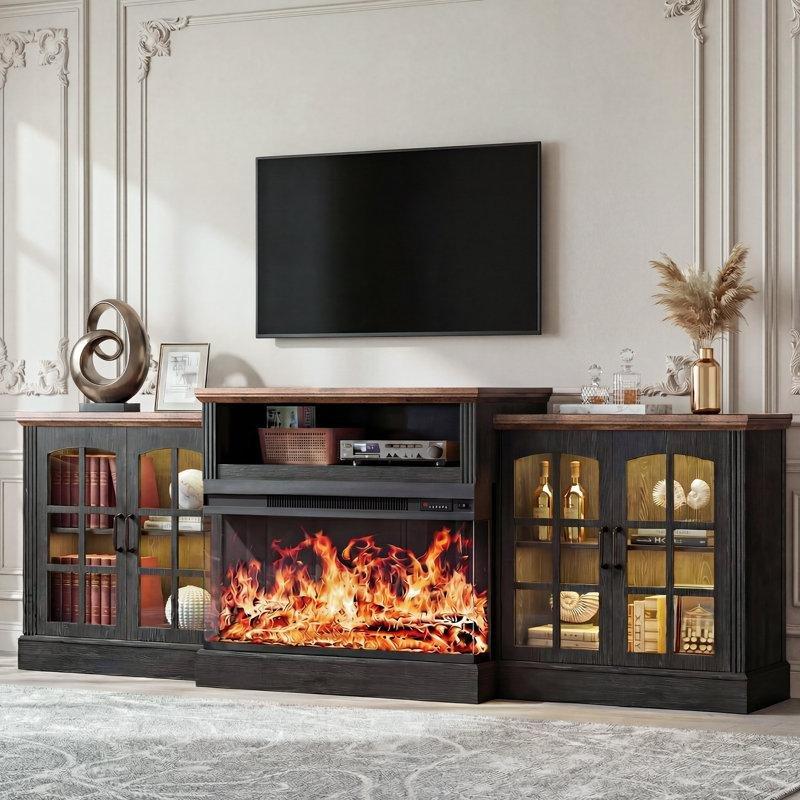 Siyah MDF 3 Taraflı Camlı LED Aydınlatmalı Elektrikli Şömineli TV Ünitesi - 247 cm - 220543