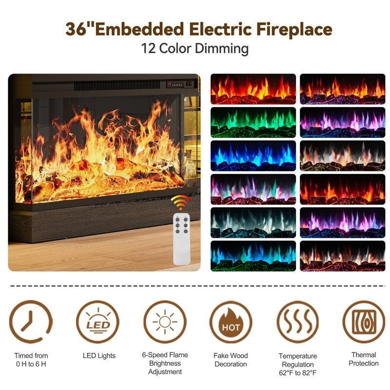 Siyah MDF 3 Taraflı Camlı LED Aydınlatmalı Elektrikli Şömineli TV Ünitesi - 247 cm - 220543