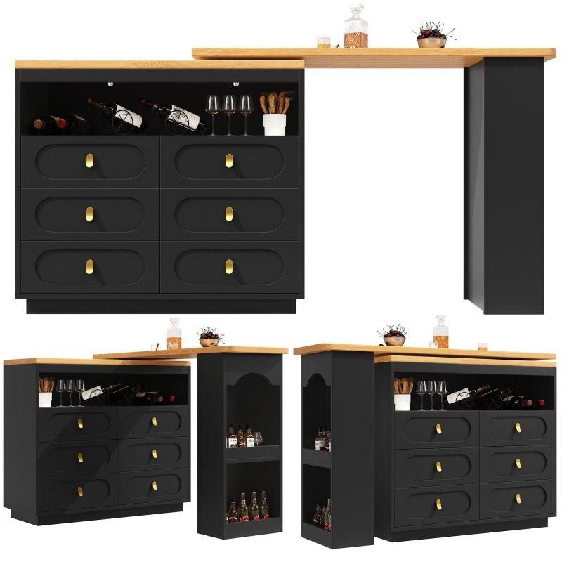 Siyah MDF 360° Dönebilen 6 Çekmeceli Açılır Bar Masası - 137-203x39x90 cm - 232180