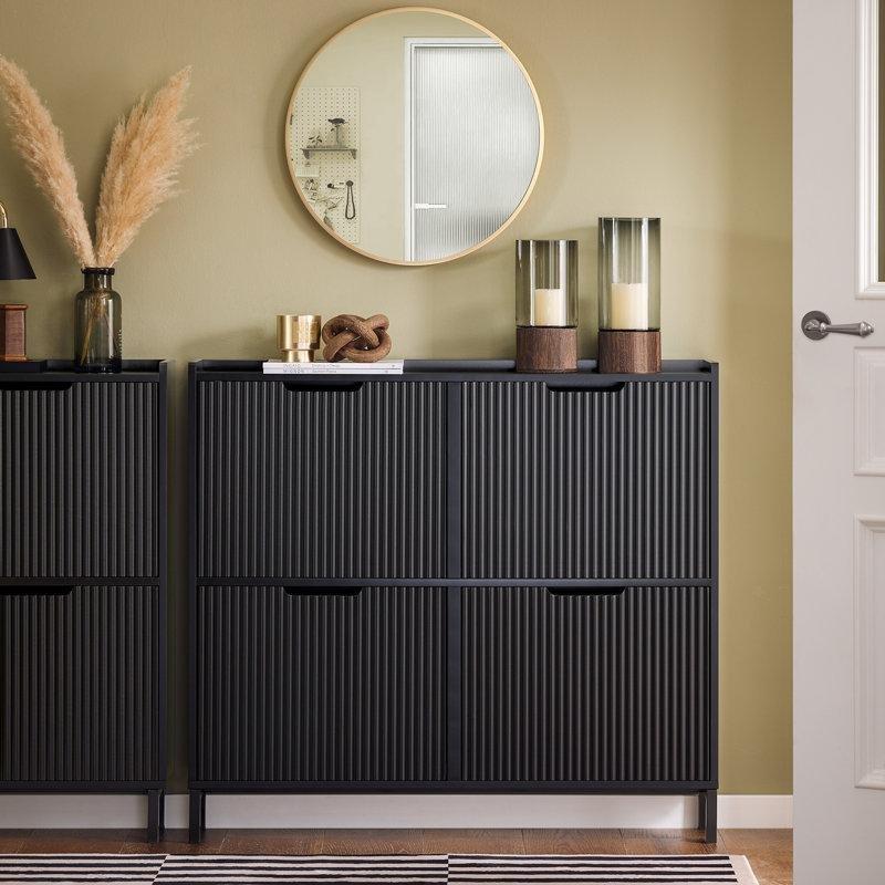 Siyah MDF 4 Düşer Kapaklı İnce Ayakkabılık - 101 cm - 229895