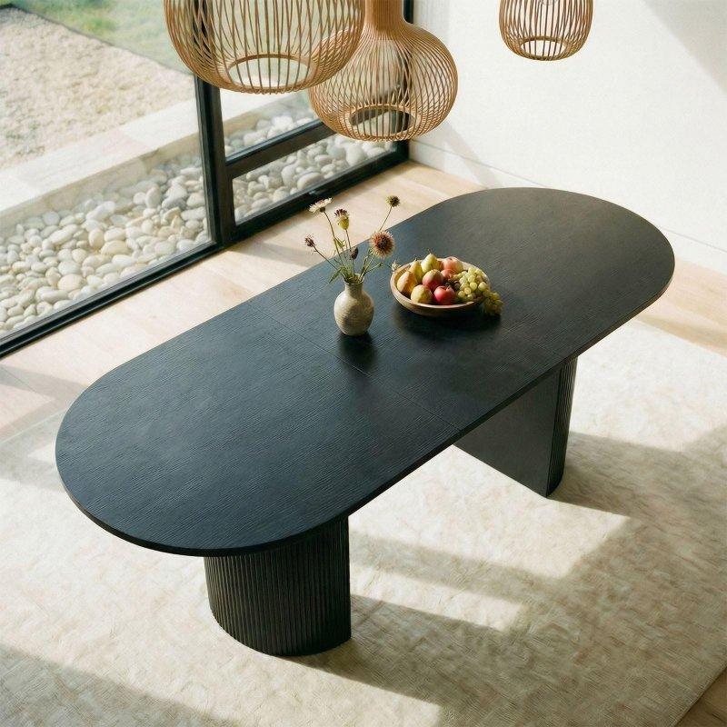 Siyah MDF Açılabilir Yivli Ayaklı Oval Bohem Yemek Masası - 180-240 cm - 237024
