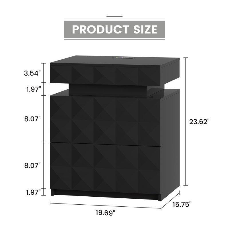 Siyah MDF Akıllı LED Aydınlatmalı ve USB Şarjlı 3 Çekmeceli Komodin - 51 cm - 222798