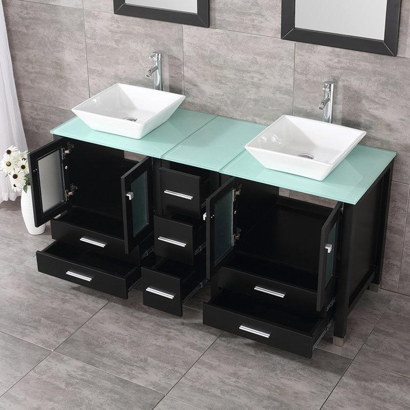 Siyah MDF Ayaklı Aynalı ve 7 Çekmeceli İkili Banyo Lavabo Dolabı Seti - 157 cm - 199519