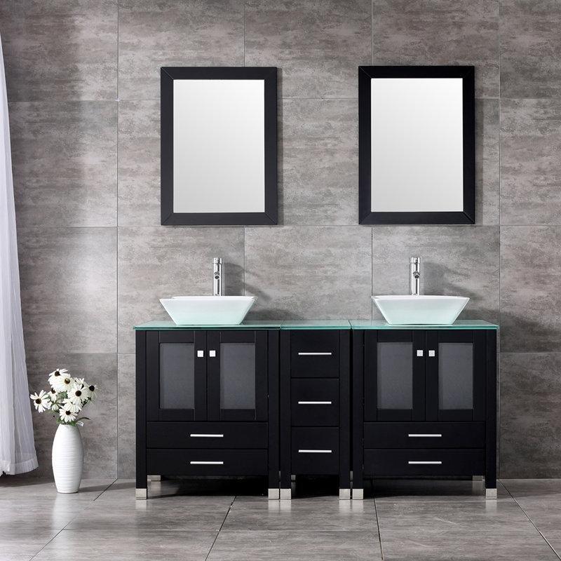 Siyah MDF Ayaklı Aynalı ve 7 Çekmeceli İkili Banyo Lavabo Dolabı Seti - 157 cm - 199519