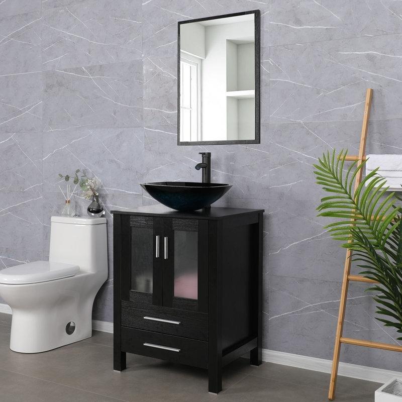 Siyah MDF Ayaklı Çekmeceli Banyo Lavabo Dolabı ve Mavi Cam Çanak Lavabo Seti - 61 cm - 198422