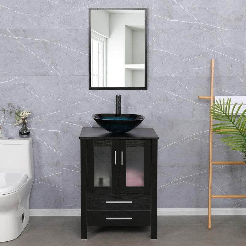 Siyah MDF Ayaklı Çekmeceli Banyo Lavabo Dolabı ve Mavi Cam Çanak Lavabo Seti - 61 cm - 198422