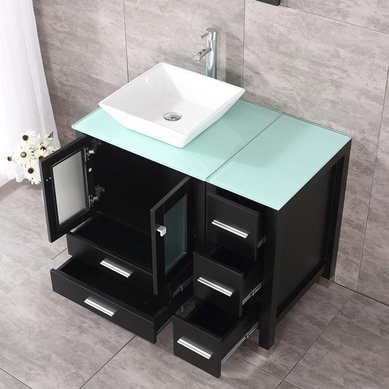 Siyah MDF Aynalı Çekmeceli Ayaklı Banyo Lavabo Dolabı Seti - 93 cm - 199581