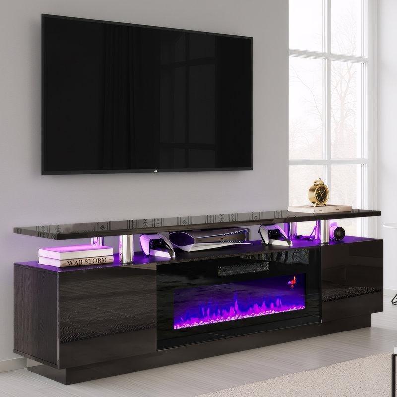 Siyah MDF Aynalı LED Işıklı Elektrikli Şömineli Parlak TV Ünitesi - 178 cm - 222491