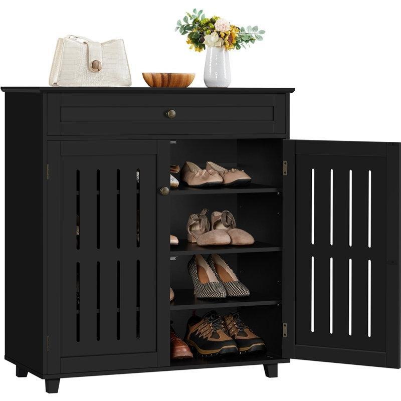 Siyah MDF Çekmeceli Panjur Kapaklı Ayakkabılık - 79x39x87 cm - 229779