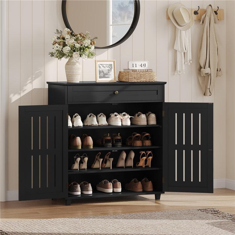 Siyah MDF Çekmeceli Panjur Kapaklı Ayakkabılık - 79x39x87 cm - 229779