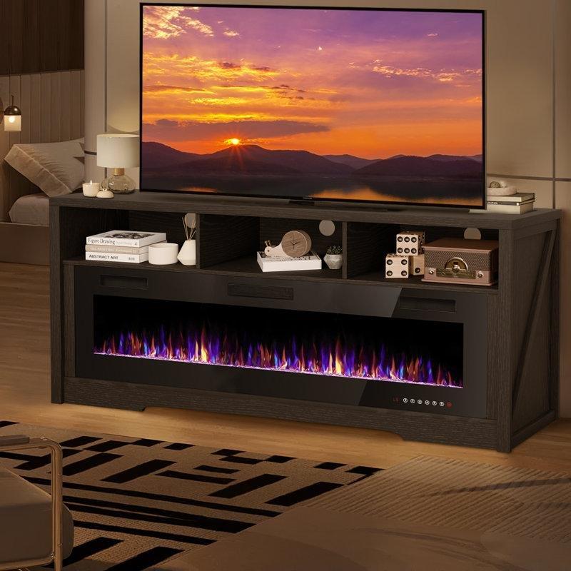 Siyah MDF Dahili Elektrikli Şömineli ve Uzaktan Kumandalı TV Ünitesi - 161 cm - 221845