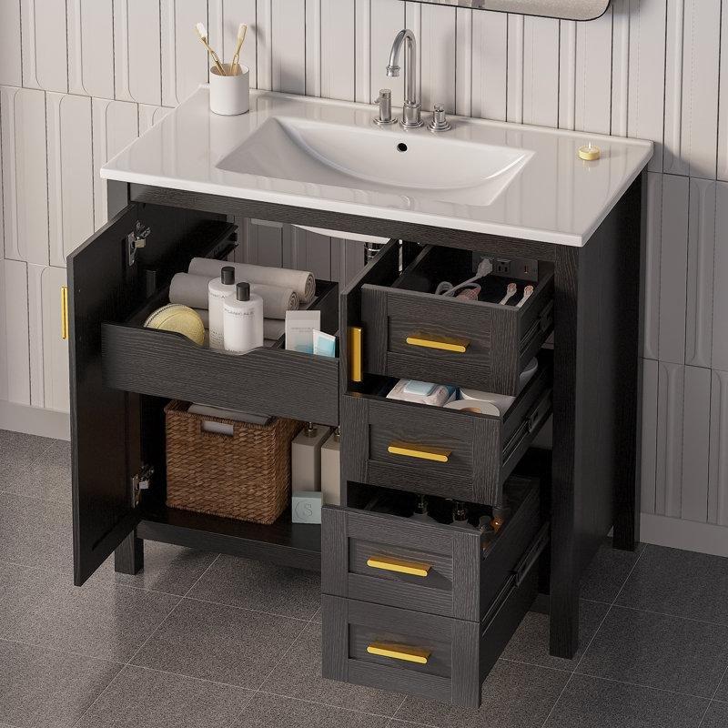 Siyah MDF Dahili Prizli Yavaş Kapanır Seramik Lavabolu Banyo Dolabı - 92 cm - 197831