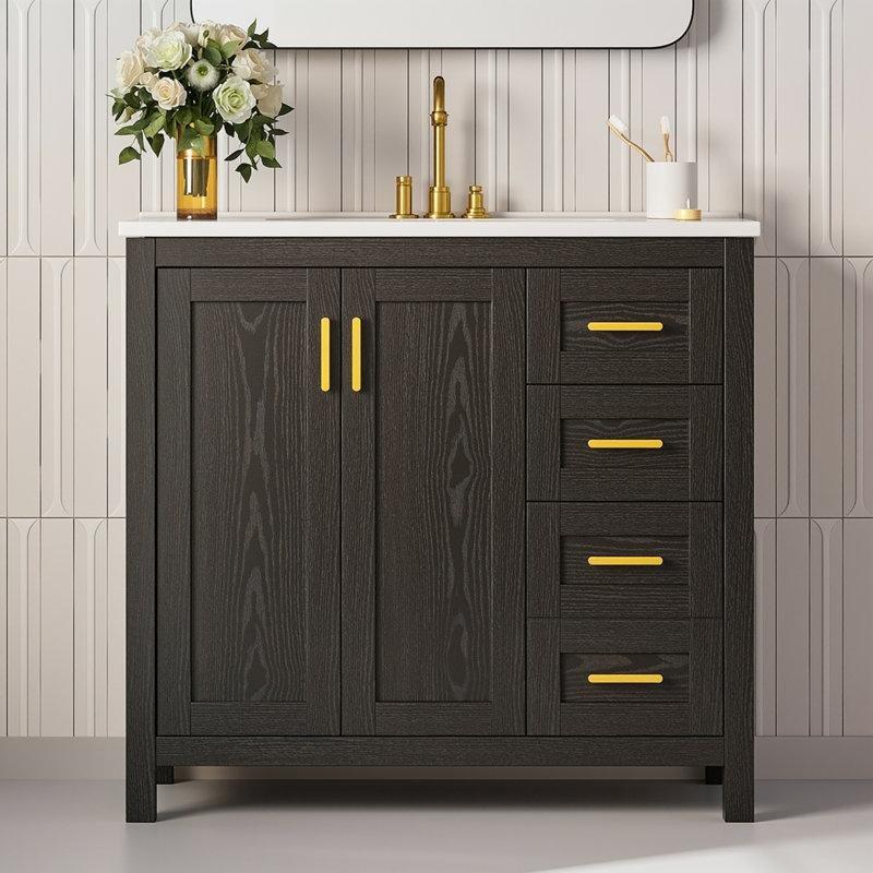 Siyah MDF Dahili Prizli Yavaş Kapanır Seramik Lavabolu Banyo Dolabı - 92 cm - 197831