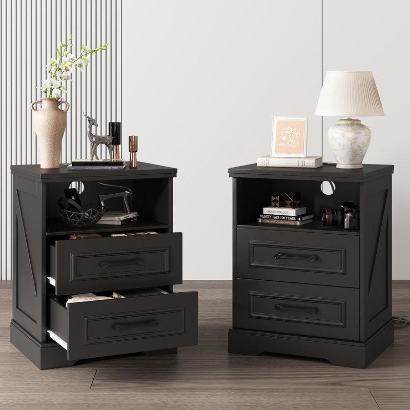 Siyah MDF Dahili Şarj İstasyonlu 2 Çekmeceli Raflı İkili Komodin Seti - 45x39 cm - 224212