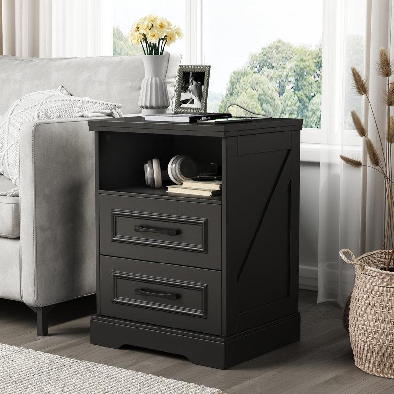 Siyah MDF Dahili Şarj İstasyonlu 2 Çekmeceli Raflı İkili Komodin Seti - 45x39 cm - 224212