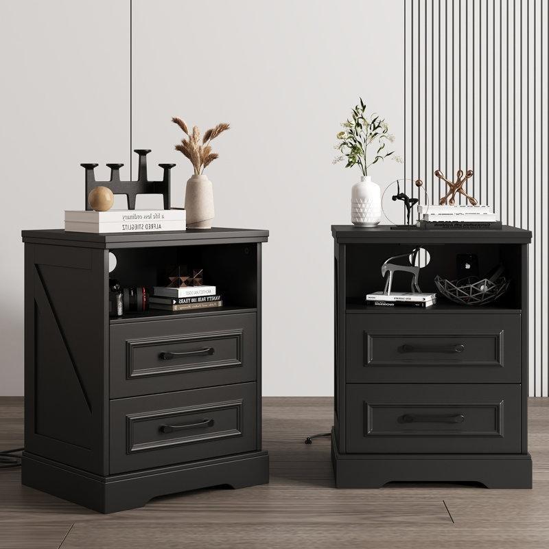 Siyah MDF Dahili Şarj İstasyonlu 2 Çekmeceli Raflı İkili Komodin Seti - 45x39 cm - 224212