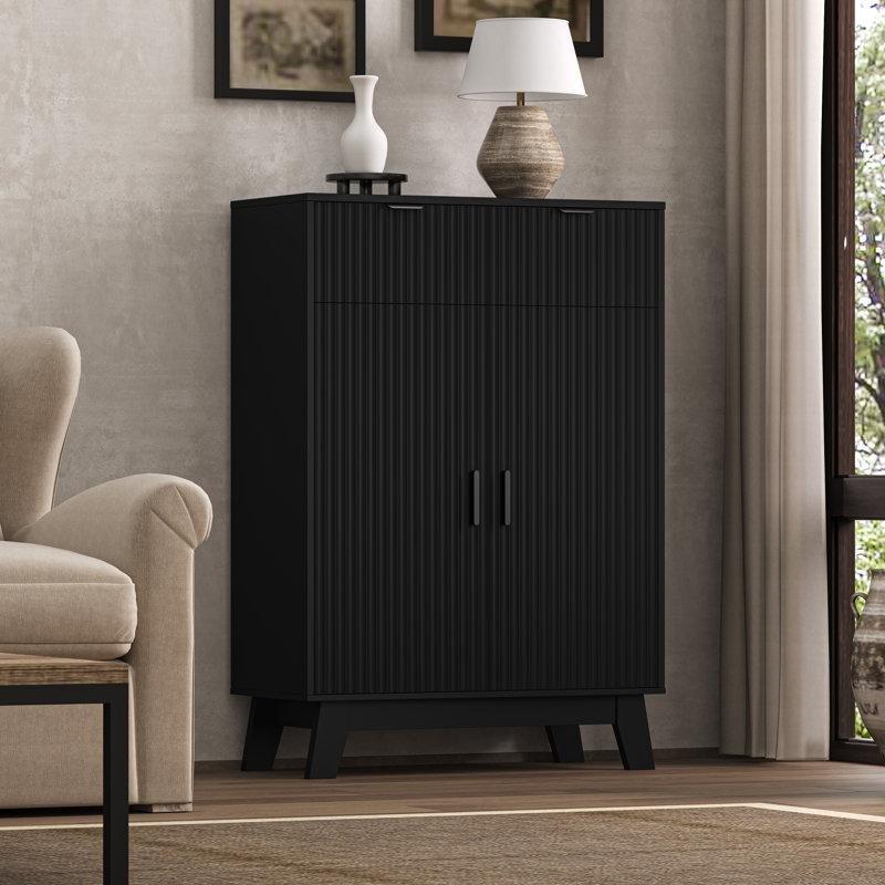 Siyah MDF Dalgalı Tasarım Çekmeceli Çift Kapaklı Ayakkabılık Dolabı - 81x38x116 cm - 227458