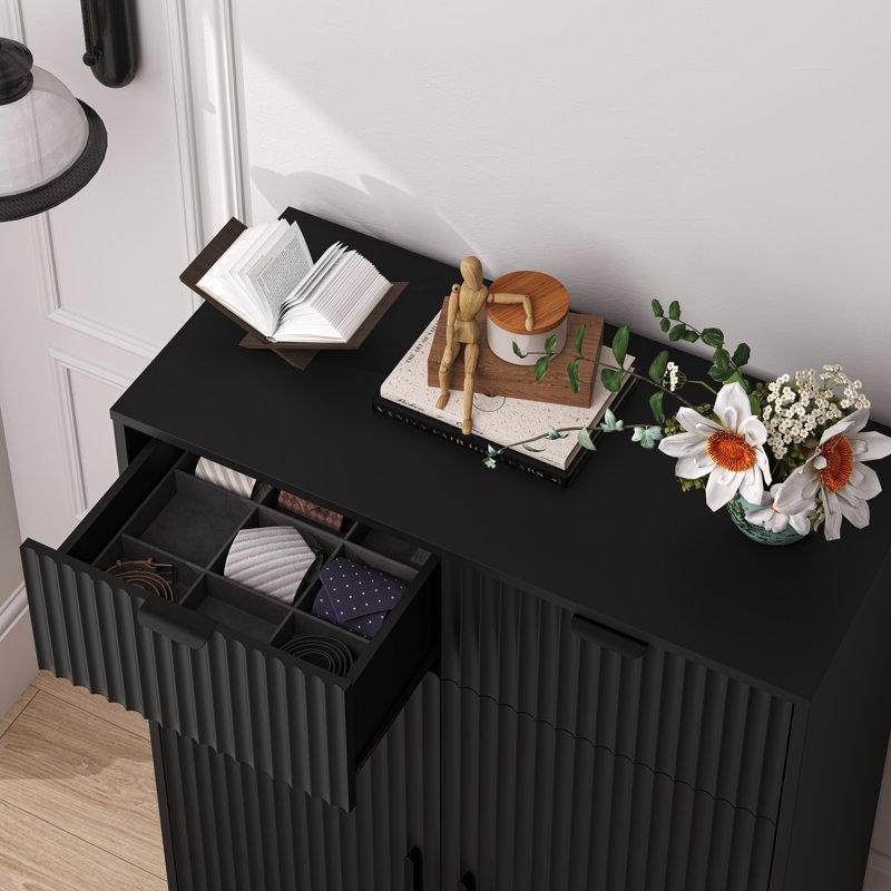 Siyah MDF Dalgalı Tasarım Çekmeceli Çift Kapaklı Ayakkabılık Dolabı - 81x38x116 cm - 227458
