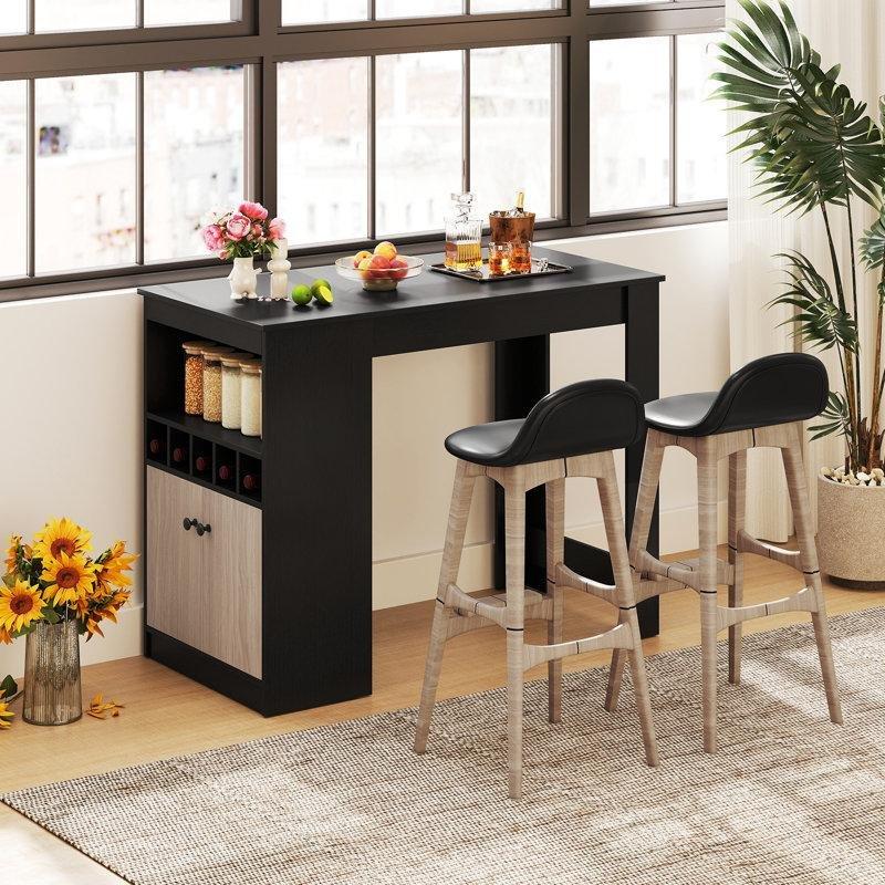 Siyah MDF Dolaplı ve Şarap Raflı Bar Masası - 122 cm - 231949